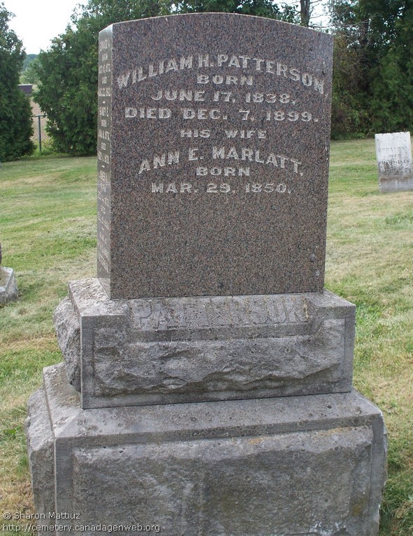 Granite monument reading William H. Patterson born June 17 1838 died Dec 7 1899, his wife Ann E. Marlatt born Mar 29 1850