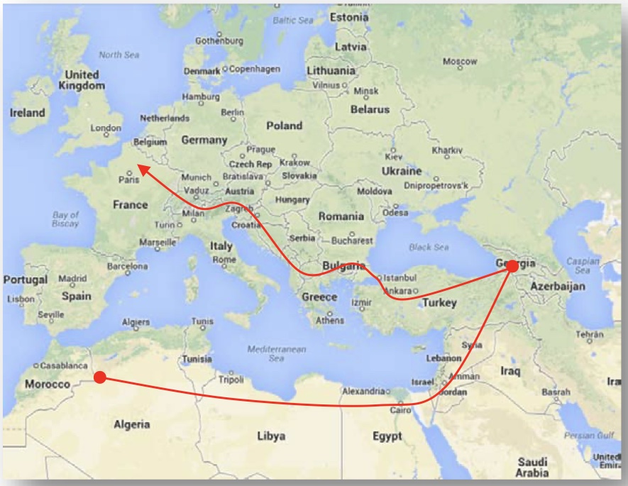 Map of Europe, North Africa and the Middle East with a red line tracing a route from Morocco east across North Africa to the Middle East, north to Georgia in the Caucasus, west through Turkey and the Balkans, across the Alps, and ending at northern France