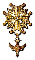 The Huguenot Cross: a gold Maltese cross with fleurs-de-lis between the arms and a dove hanging below