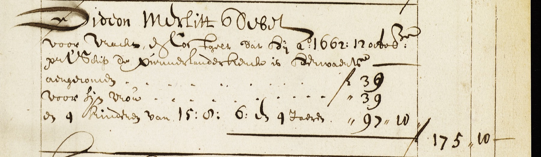 Handwritten Dutch ledger entry headed Gideon Merlitt debet, charging 39 guilders for him, 39 for his wife and 97 guilders 10 for four children aged 15, 8, 6 and 4, totaling 175 guilders 10