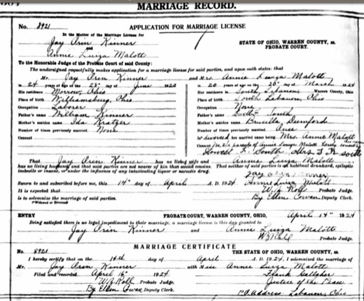 Warren County, Ohio, marriage record no. 8921: application, license and certificate for Jay Orin Kinner and Annie Luiza Malott, 14 April 1924