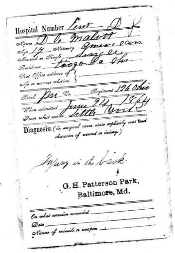 Patterson Park General Hospital, Baltimore, card for D. C. Malott, age 17, single, private, 126th Ohio, admitted June 24, 1864, injury in the back
