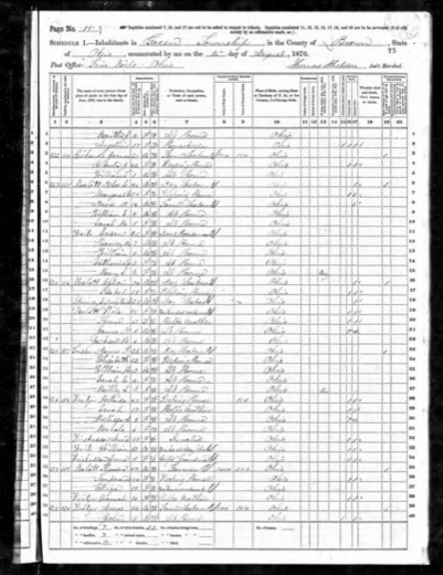 1870 census page for Green Township, Brown County, Ohio, listing Delos C. Malott, Margaret E., David D., William S. and Sarah M. Malott, with Susan Waits and her four children, followed by the households of Calvin Malott and Theodore Malott