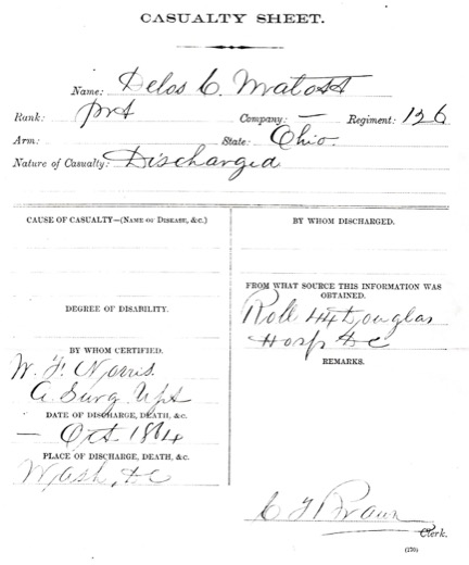 Casualty sheet for Delos C. Malott, private, 126th Ohio, discharged October 1864 at Washington, D.C.