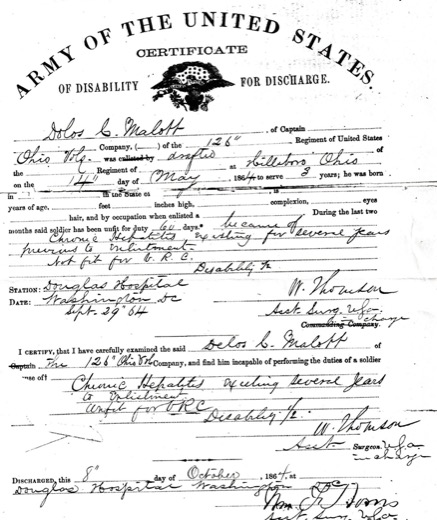 Army of the United States Certificate of Disability for Discharge for Delos C. Malott, 126th Ohio Volunteers, Douglas Hospital, Washington, D.C., 1864