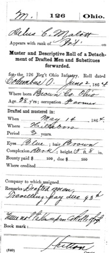Muster and descriptive roll card for Delos C. Malott, private, 126th Ohio Infantry, drafted at Hillsboro 14 May 1864, born Brown County, Ohio, age 38, farmer
