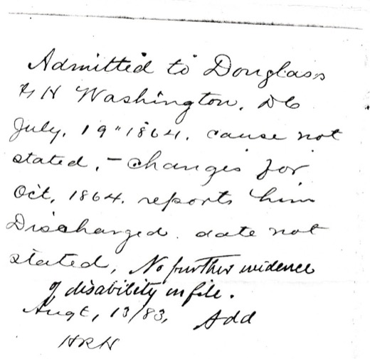 Handwritten note dated August 13, 1883: admitted to Douglas General Hospital, Washington, D.C., July 19, 1864; reported discharged October 1864