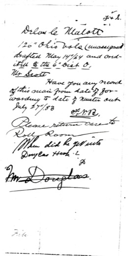 Handwritten War Department note dated July 27, 1883, asking for any record of Delos C. Malott, 126th Ohio, drafted May 14, 1864