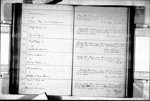 Open marriage register showing entry 543: Delos C. Malott, 29, to Margaret Evalin Waits, 22, license 16 November, with the justice&rsquo;s certificate that he married them on 17 November 1853