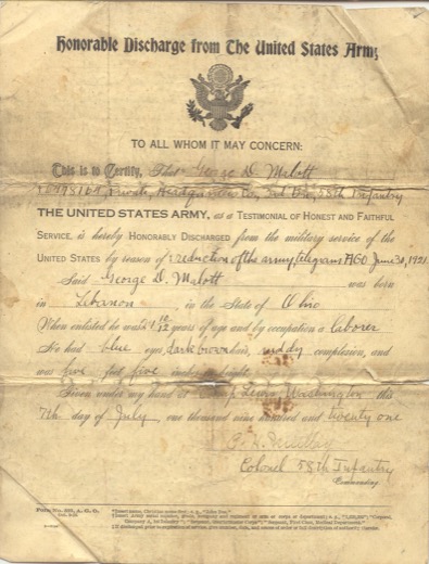 Honorable Discharge from the United States Army for George D. Malott, Private, Headquarters Company, 3rd Battalion, 58th Infantry, Camp Lewis, Washington, 7 July 1921