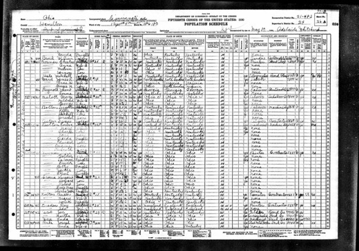 1930 U.S. census page for Cincinnati, Ohio, listing George Malott, 31, laborer at a sash and door company, his wife Mildred, 20, and son George, 2