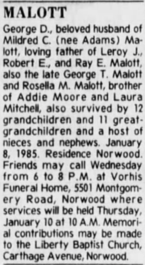 Newspaper death notice for George D. Malott, January 1985