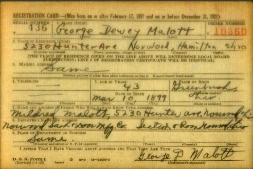 World War II draft registration card for George Dewey Malott, 5230 Hunter Avenue, Norwood, Ohio, born March 10, 1899, at Greenbush, Ohio