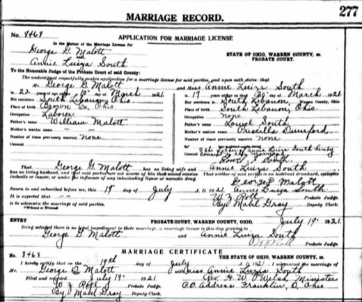 Warren County, Ohio, marriage record no. 8469: application, license and certificate for George G. (George D.) Malott and Annie Luiza South, 19 July 1921