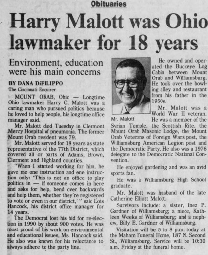 Newspaper obituary headlined Harry Malott was Ohio lawmaker for 18 years, with a photo of Mr. Malott