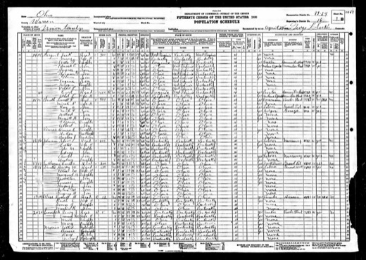 1930 U.S. census page for Union Township, Warren County, Ohio, listing Lowell F. South, his wife and children, his divorced daughter Annie Kinner, and grandchildren Helen, 7, and a boy of 1