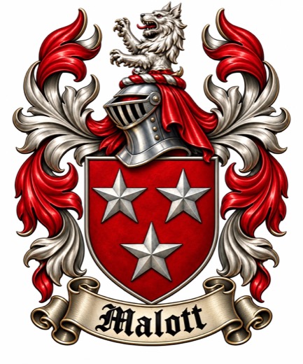 The Malott family crest used on this site: a red shield with three silver stars, beneath a knight&rsquo;s helmet crowned by a rearing silver beast, with red and silver mantling and a scroll reading Malott