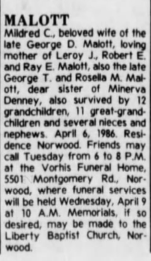 Newspaper death notice for Mildred C. Malott, April 1986