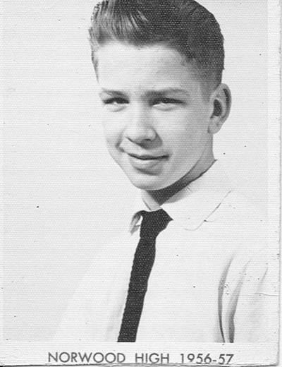 School portrait of a teenage Ray Malott with slicked-back hair, white shirt and dark tie, labeled Norwood High 1956-57