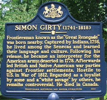 Blue-and-gold Pennsylvania state historical marker titled Simon Girty (1741–1818)