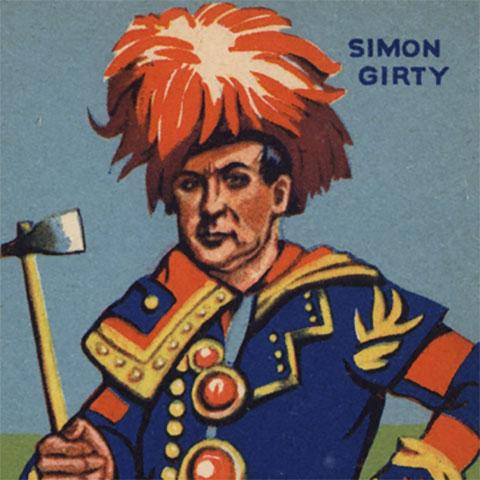 Colour illustration labelled Simon Girty: a man in a towering red-and-white feathered headdress and a blue coat with gold braid and red buttons, holding a hatchet