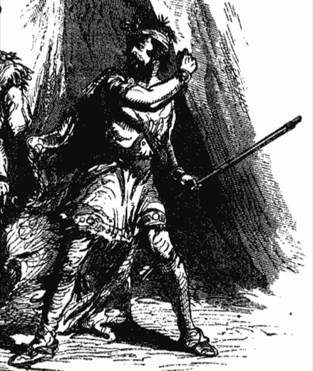 Black-and-white engraving of a frontiersman in a feathered headdress and fringed hunting dress, holding a rifle, standing at the edge of a tent