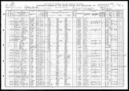 1910 census page for Sterling Township, Brown County, Ohio, listing the households of Mary Malott with her son Frederick, William S. Malott with his wife and sons, and Aaron and Mary C. Malott