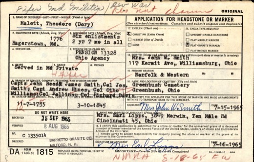 1965 Application for Headstone or Marker for Theodore (Dory) Malott, listing his enlistment at Hagerstown, Maryland, in 1776, six enlistments totalling two years seven months, pension 13328, his officers, and Greenbush Cemetery