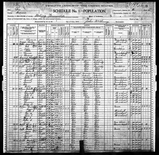 1900 U.S. census page for Sterling Township, Brown County, Ohio, listing William Malott, his wife Louanna and six children including George D., and the widow Mary Malott with her son Fred