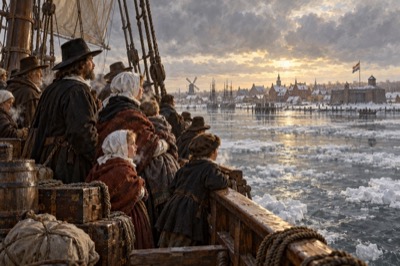 Painting-style image of an immigrant family in wool cloaks and linen caps at a ship’s rail among trunks and barrels, looking across an icy harbor at a snowy Dutch town with a windmill, church spires, anchored ships and a fort flying the Dutch flag at sunrise