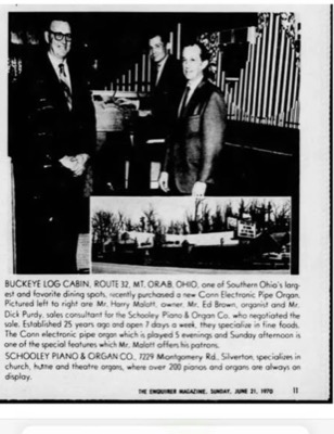 Newspaper photo of three men in suits beside a pipe organ, with an inset of the Buckeye Log Cabin and its roadside sign
