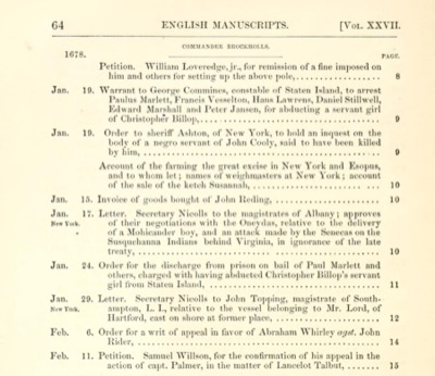 Printed calendar page 64, 1678: warrant of January 19 to George Commines, constable of Staten Island, to arrest Paulus Marlett and others for abducting a servant girl of Christopher Billop, and order of January 24 for the discharge from prison on bail of Paul Marlett and others