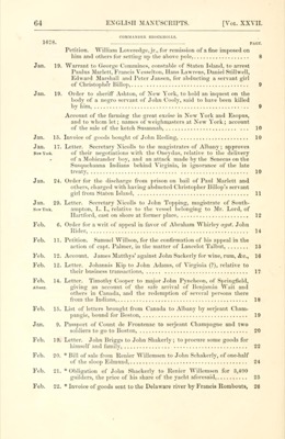 Printed calendar page 64, 1678: warrant of January 19 to George Commines, constable of Staten Island, to arrest Paulus Marlett and others for abducting a servant girl of Christopher Billop, and order of January 24 for the discharge from prison on bail of Paul Marlett and others