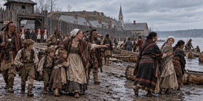 AI-generated depiction: a ragged frontier mother and her young children arrive on the muddy riverbank at the palisaded town of Detroit with Shawnee escorts, the mother reaching toward her teenage daughter, who is led away by Shawnee women toward canoes; British soldiers in red coats stand at the gate and a church spire and fort rise behind