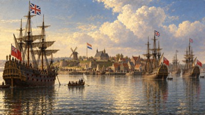 Painting-style image of four English warships at anchor off New Amsterdam on a calm late-summer afternoon, with a rowboat under a white flag of truce heading for the town, and Fort Amsterdam, its church, a windmill and gabled houses on the shore beneath an orange, white and blue Dutch flag, where townspeople crowd the wharf