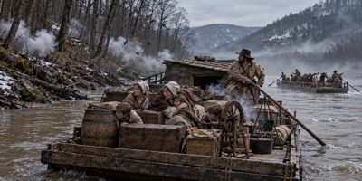 AI-generated depiction: puffs of white smoke drift from a wooded riverbank as a frontier family crouches in alarm behind chests and barrels on their flatboat, while a second flatboat carrying horses pulls away downriver in the mist