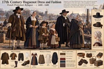 Illustrated chart titled 17th Century Huguenot Dress and Fashion, showing a Huguenot man, woman, boy, girl, elderly man and a mother with baby on a Dutch waterfront, with panels of typical hats, men’s and women’s clothing, fabrics and accessories