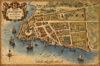 Map-style illustration titled Nieuw Amsterdam op’t Eylant Manhattan, Nieuw Nederlandt, 1663, showing the fort at the tip of the island, streets of houses and gardens, a windmill, docks and ships, and the wall across the north of the town