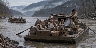 AI-generated depiction: a frontier family in 18th-century clothing on a wooden flatboat loaded with chests, barrels and a spinning wheel, drifting down a wide, muddy river between misty wooded hills in early spring, with a second flatboat carrying cattle and horses behind