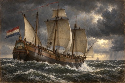 Painting-style image of a three-masted Dutch fluyt flying the red, white and blue flag, driving through heavy gray-green seas under storm clouds, its stern panel painted with a village church and the name De Purmerlander Kerck, with a distant ship and a rain squall on the horizon