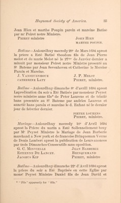 Printed French baptism entry: Batême, Wednesday 28 March 1694, theodore son of Jean Pierre melot and marie Melot, born the 27th of January last at midnight, baptized by Monsieur Peiret, presented by Jean Sevenhoven and Catherine le Mercier, signed J. Vanseuenhoue, Catherine Laty, J. P. Melot and Peiret, ministre