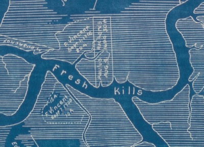 Detail of the patent map showing a narrow strip of salt meadow labeled Paulus Richards Aug. 4, 1694, 30 acres, on the north bank of Fresh Kills near its mouth