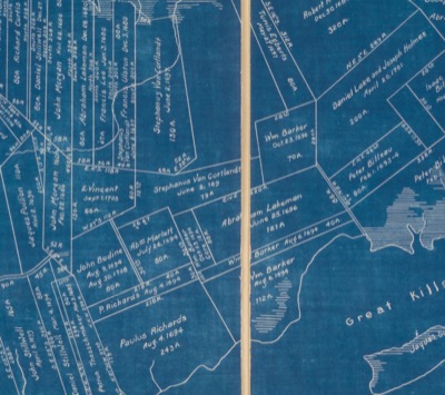 Detail of the patent map showing lots labeled Abm. Marlett July 26, 1694, 80 acres; Paulus Richards Aug. 4, 1694, 243 acres; John Bodine; William Barker; Abraham Lakeman; and Peter Billeau Feb. 1, 1693-4, beside Great Kills