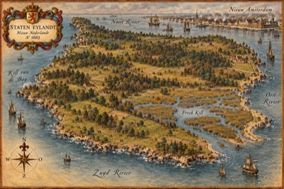 Map-style illustration titled Staten Eylandt, Nieuw Nederlandt, 1663, showing a wooded island with scattered farms and fields, the salt marshes of the Fresh Kill, ships in the surrounding waters and New Amsterdam in the distance