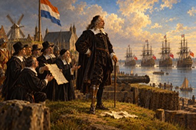 Painting-style image of Peter Stuyvesant, gray-haired in a black cloak and white collar, with a silver-banded wooden leg and a walking stick, standing on the grassy rampart of Fort Amsterdam beside a cannon, a torn letter at his feet, while citizens and a minister hold up a petition and plead with him, and English warships lie at anchor in the harbor