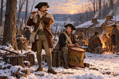 AI-generated depiction: a young militia fifer in a hunting shirt, brown coat and cocked hat plays a wooden fife in a snowy camp of log huts at sunrise, beside a seated drummer with a painted rope-tension drum, while soldiers warm themselves at a fire