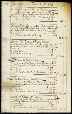 Handwritten Dutch ledger entry headed Gideon Merlitt debet, charging 39 guilders for him, 39 for his wife and 97 guilders 10 for four children aged 15, 8, 6 and 4, totaling 175 guilders 10