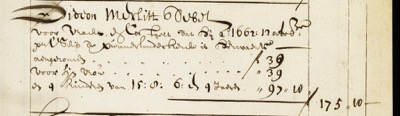 Handwritten Dutch ledger entry headed Gideon Merlitt debet, charging 39 guilders for him, 39 for his wife and 97 guilders 10 for four children aged 15, 8, 6 and 4, totaling 175 guilders 10
